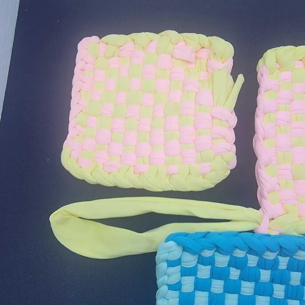 3pc Woven Pot Holders Trivets Set Blue Pink Yellow Checkered Kitchen Hot Pad